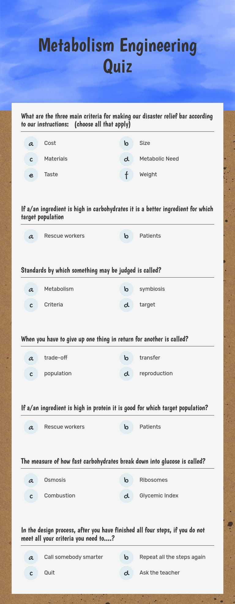 Metabolism Engineering Quiz worksheet preview