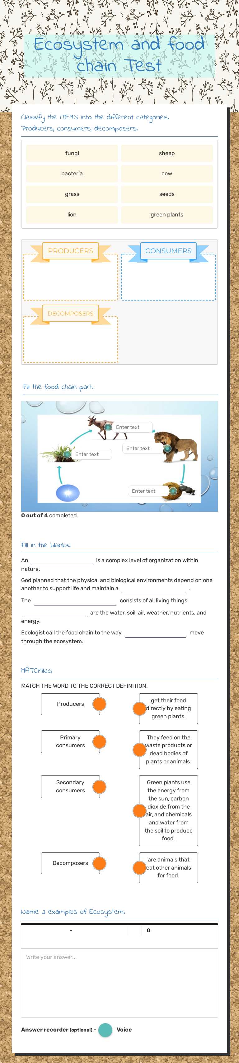 Ecosystem and food chain Test worksheet preview image