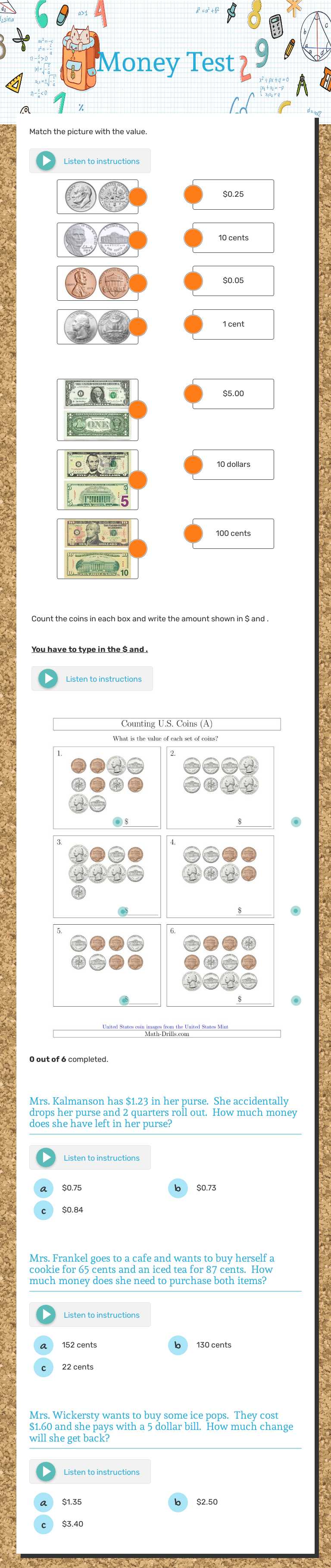 Money Test Grade 2 worksheet preview