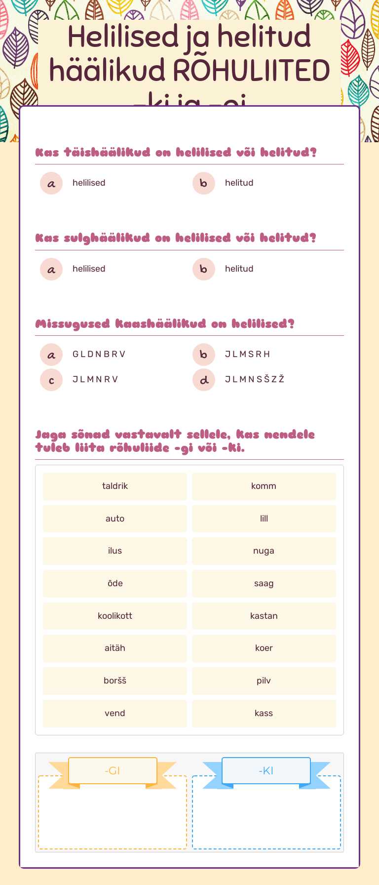 Helilised ja helitud häälikud RÕHULIITED -ki ja -gi worksheet preview image