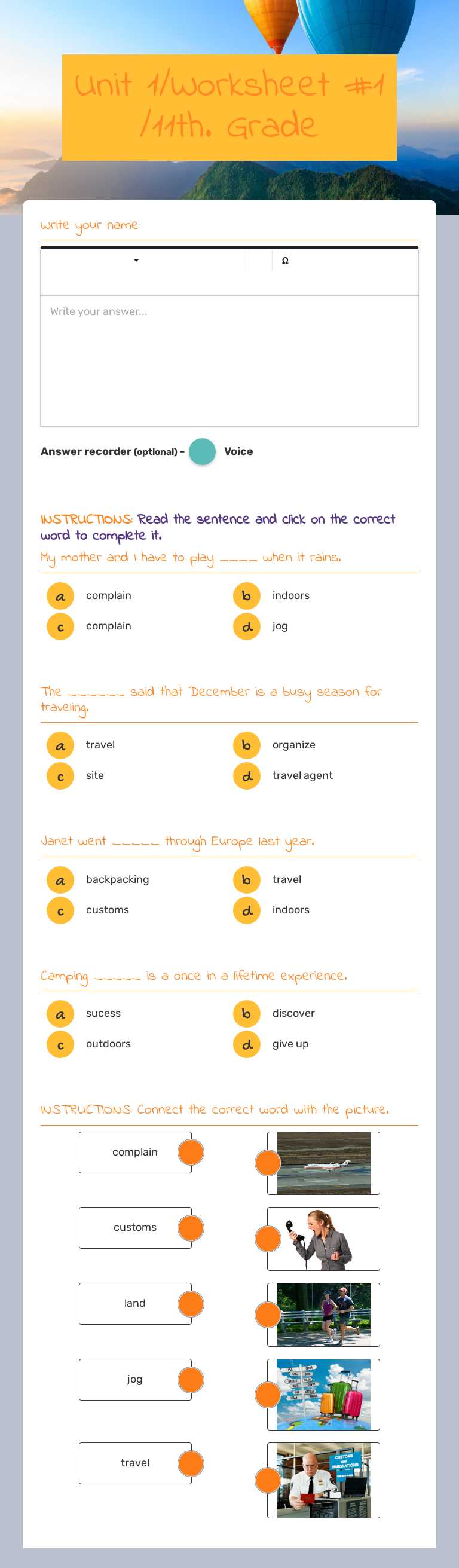 Unit 1/Worksheet #1  /11th. Grade worksheet preview image