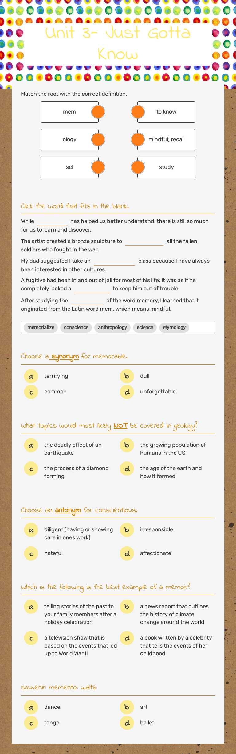 Unit 3- Just Gotta Know Grade 5 worksheet preview