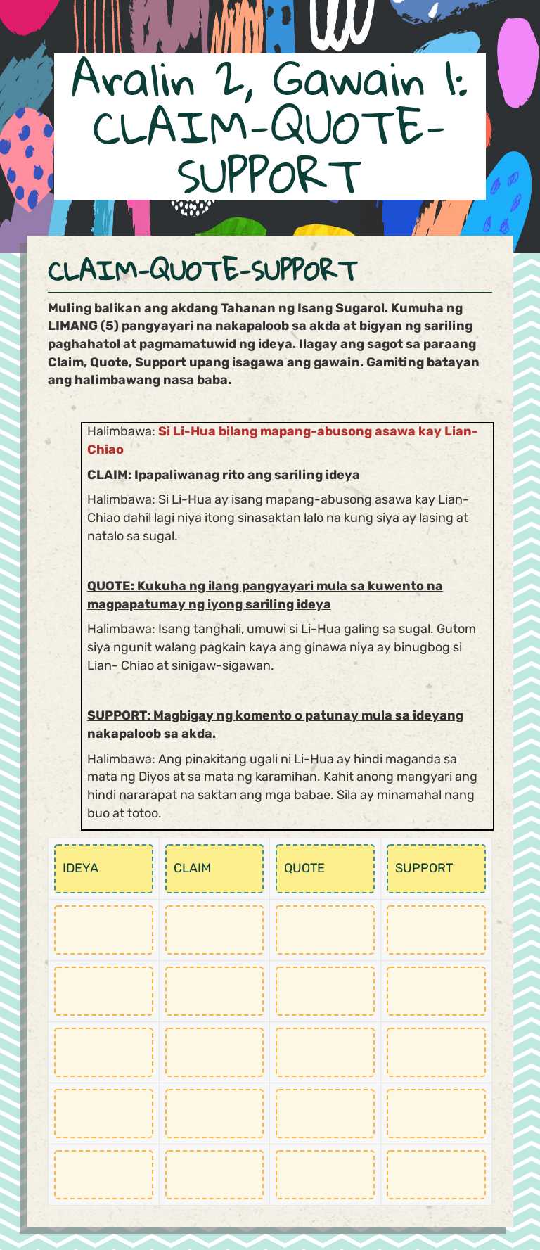 Aralin 2, Gawain 1: 
CLAIM-QUOTE-SUPPORT worksheet preview image