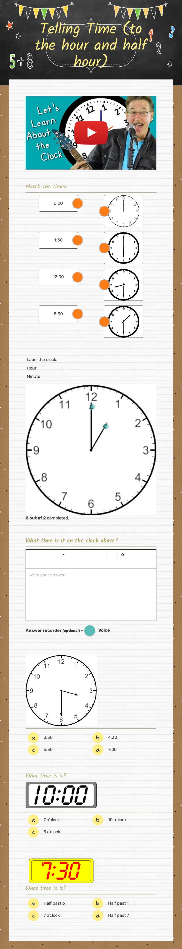 Telling Time (to the hour and half hour) worksheet preview image