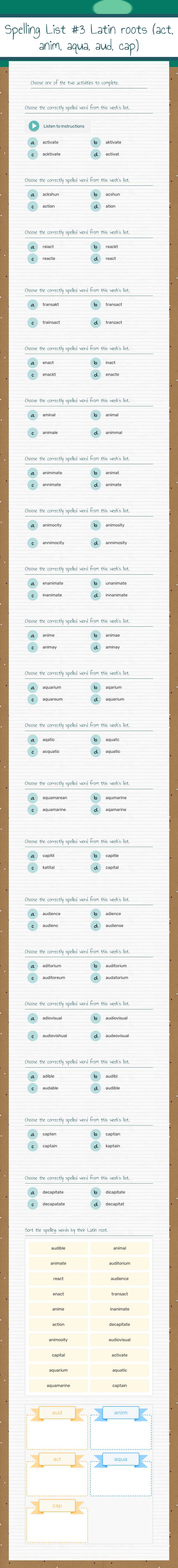 Spelling List #3
Latin roots (act, anim, aqua, aud, cap) worksheet preview image