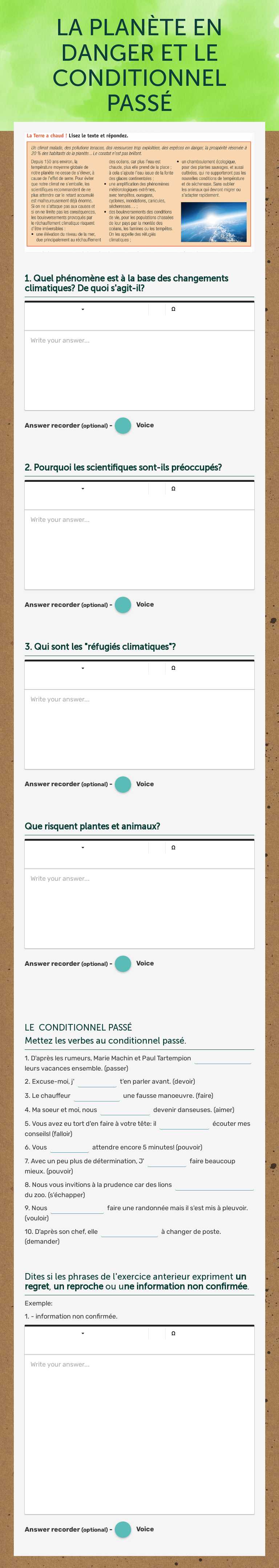 LA PLANÈTE EN DANGER ET LE CONDITIONNEL PASSÉ worksheet preview image