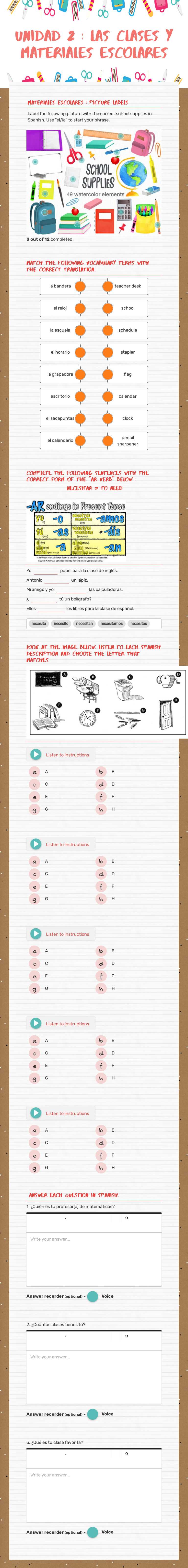 UNIDAD 2 : LAS CLASES Y Materiales Escolares worksheet preview image