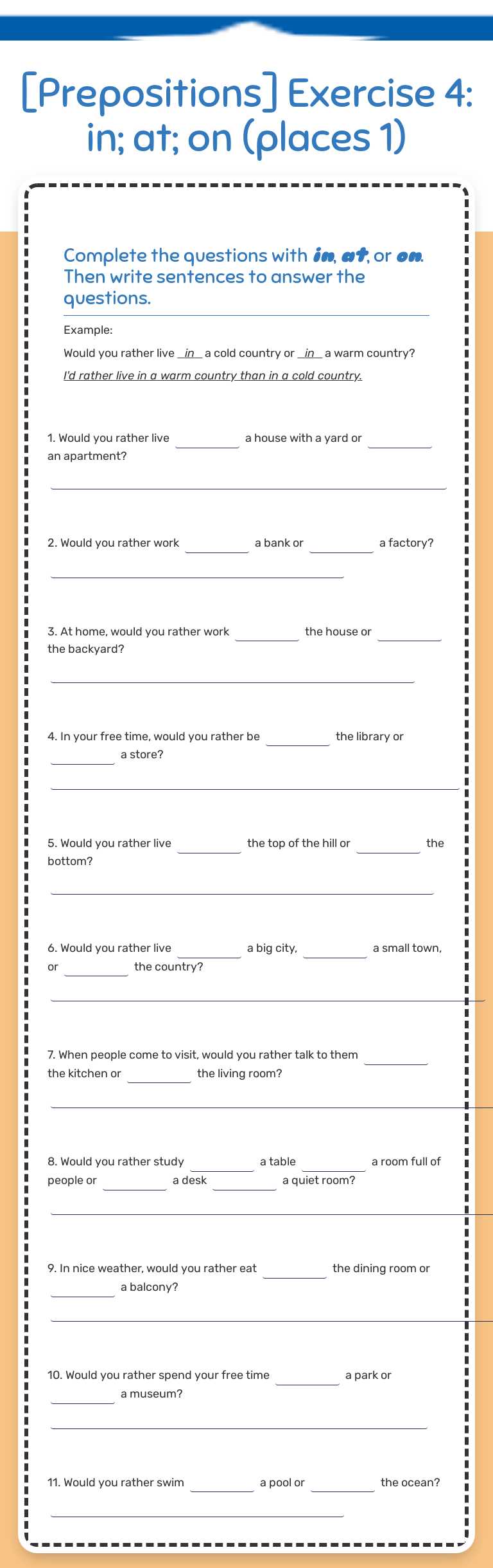 [Prepositions] 
Exercise 4: in; at; on (places 1) worksheet preview image