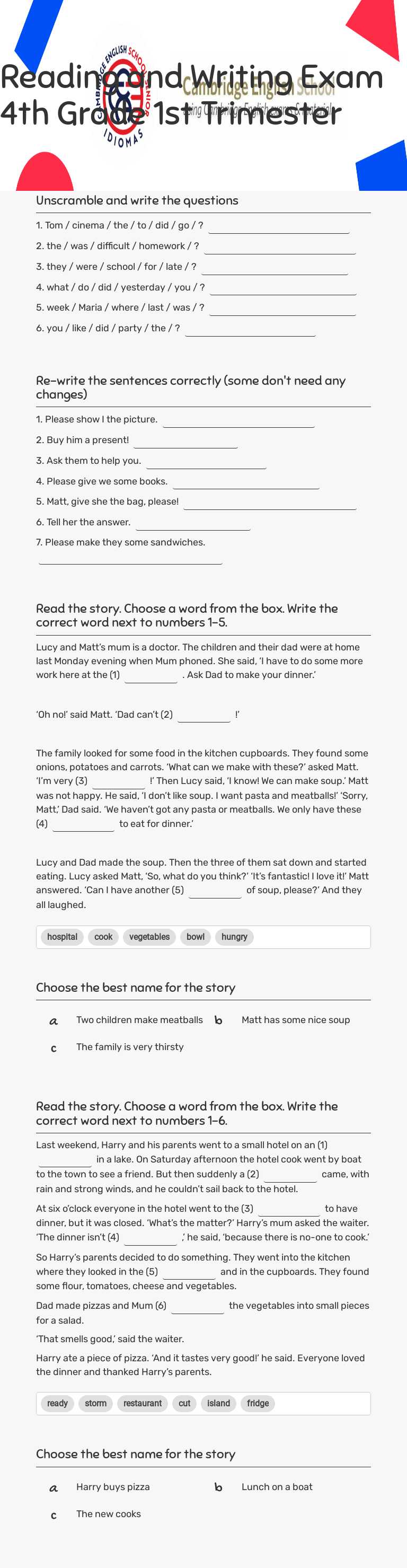 Reading and Writing Exam 4th Grade         1st Trimester worksheet preview image