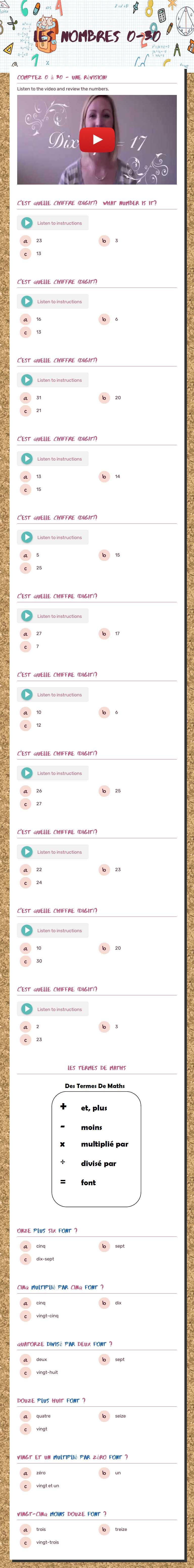 Les Nombres 
0-30 Grade 6 worksheet preview