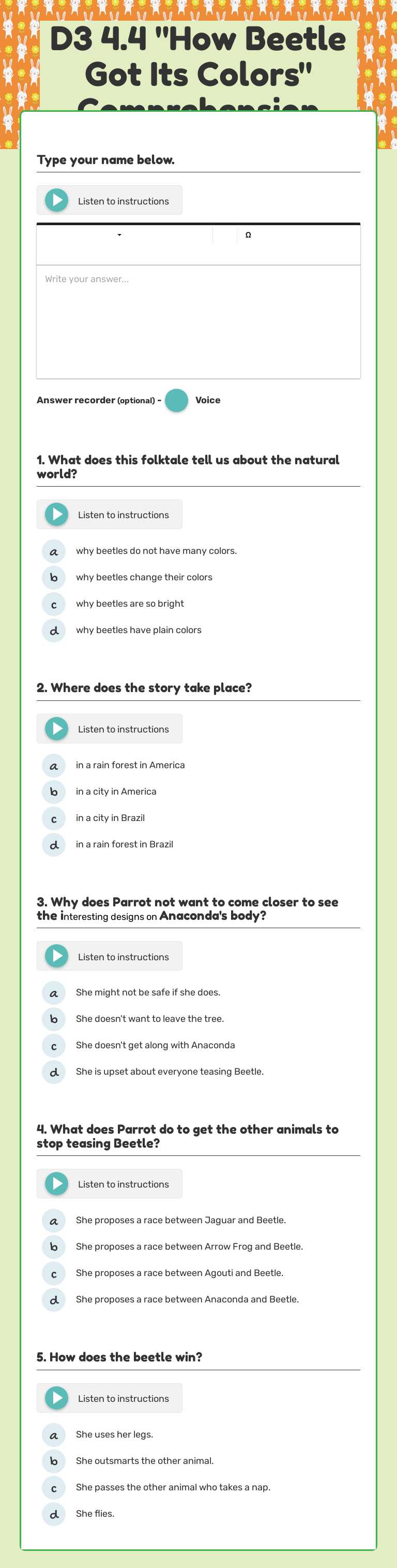 D3 4.4 "How Beetle Got Its Colors" Comprehension worksheet preview image