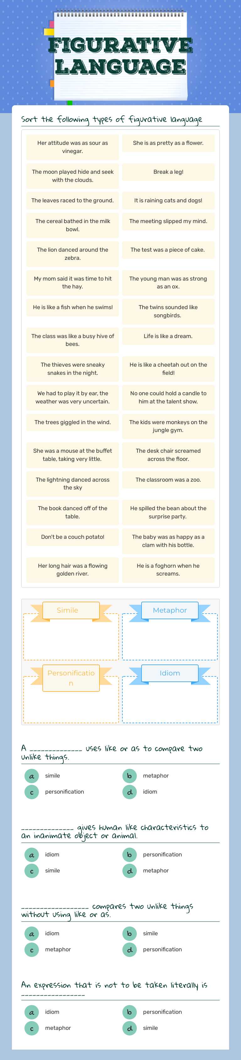Figurative Language Grade 3 worksheet preview