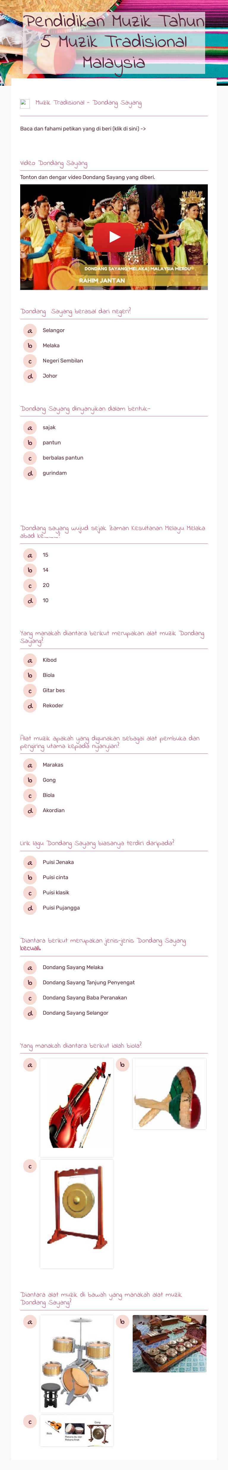 Pendidikan Muzik 
       Tahun 5           Muzik Tradisional Malaysia worksheet preview image