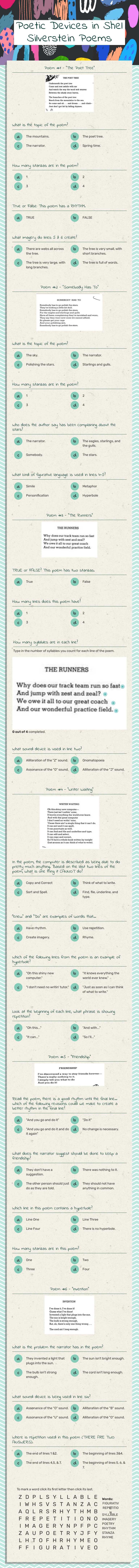 Poetic Devices in Shel Silverstein Poems Grade 6 worksheet preview