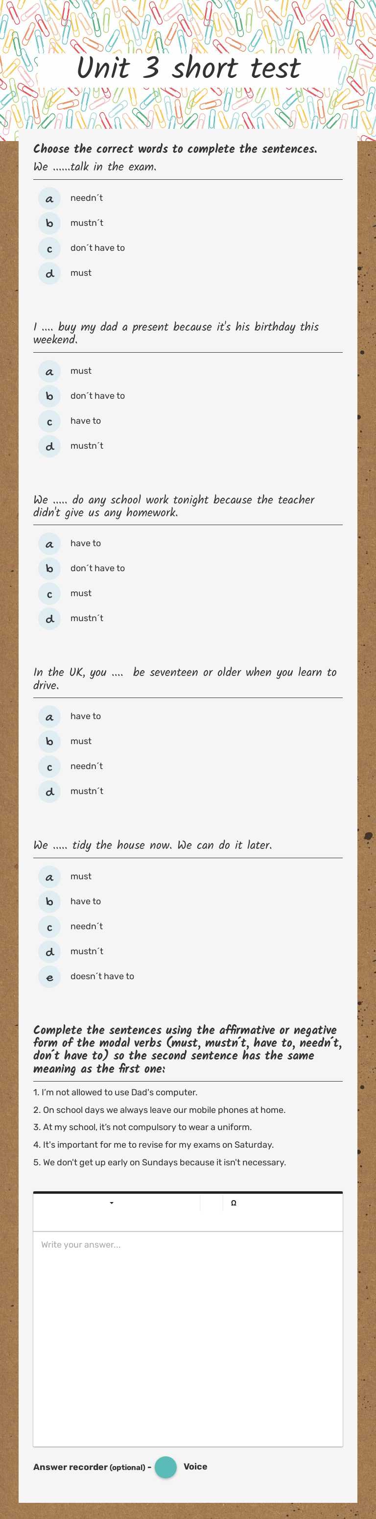 Unit 3 short test Preschool worksheet preview