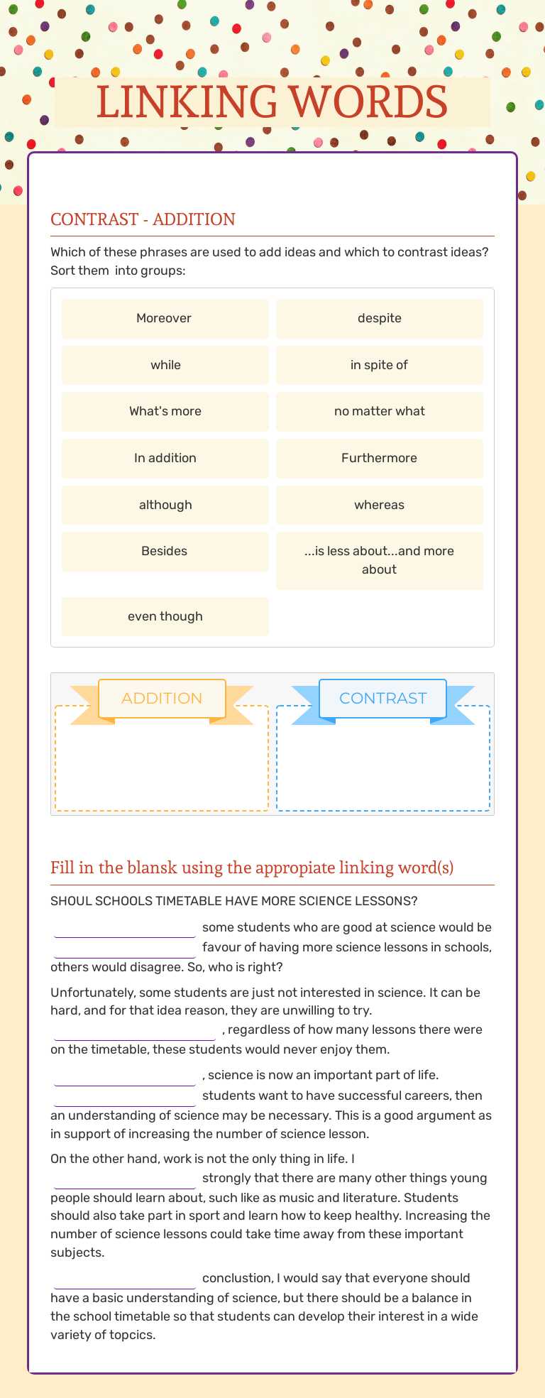 LINKING WORDS worksheet preview image