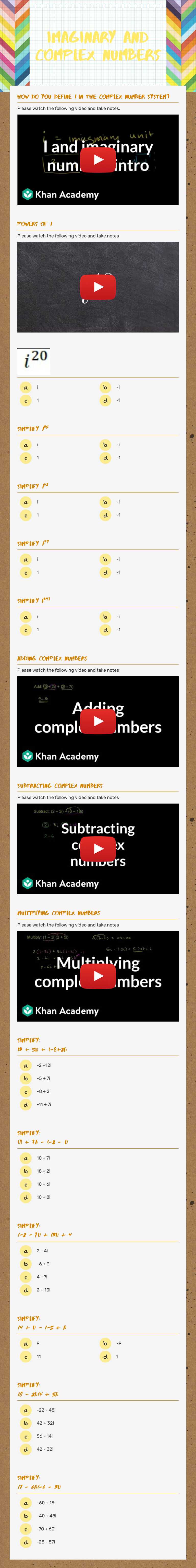Imaginary and Complex Numbers Grade 10 worksheet preview
