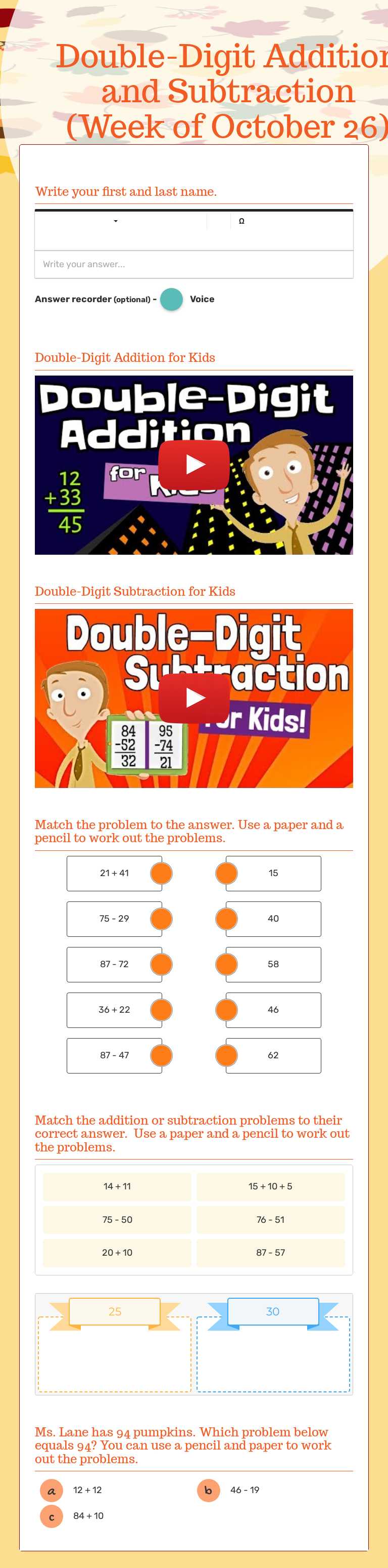 Double-Digit Addition and Subtraction (Week of October 26) Other worksheet preview