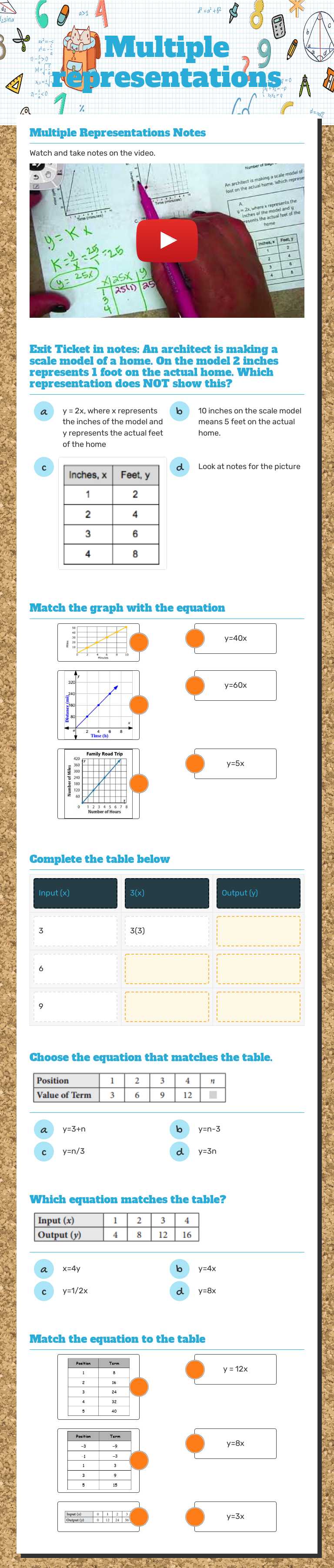 Multiple representations worksheet preview image