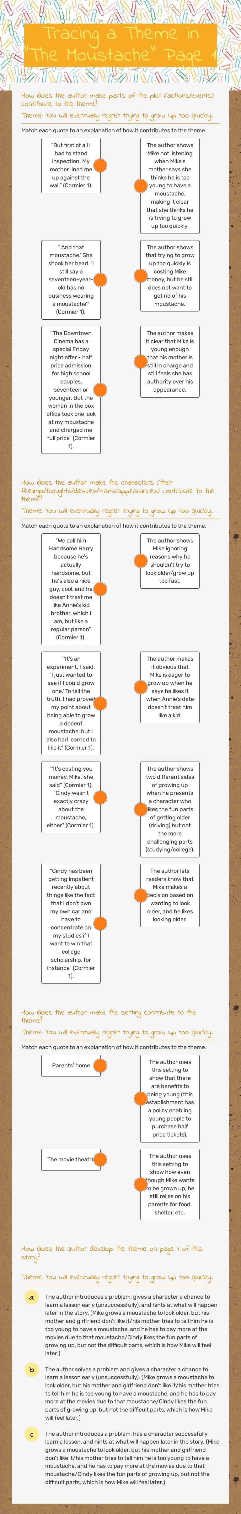Tracing a Theme in "The Moustache" Page 1 worksheet preview image