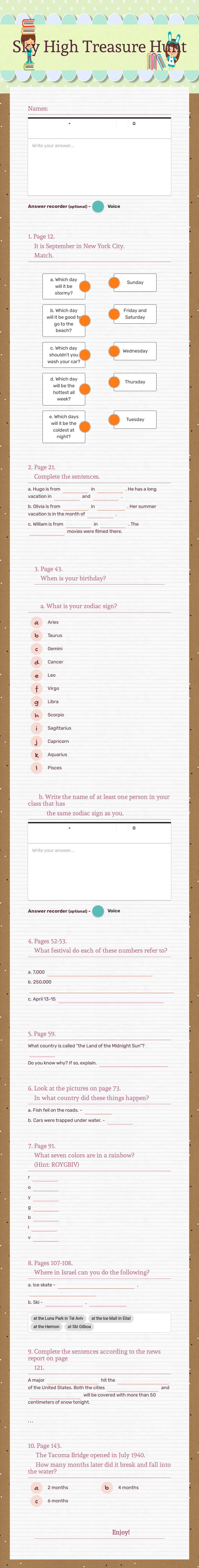 Sky High Treasure Hunt worksheet preview image