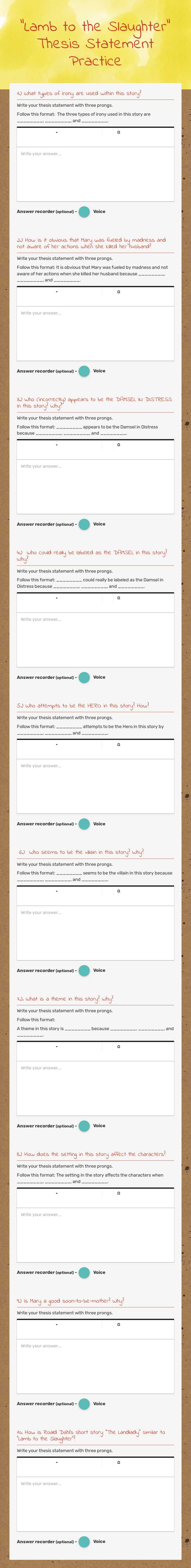 "Lamb to the Slaughter" Thesis Statement Practice worksheet preview image