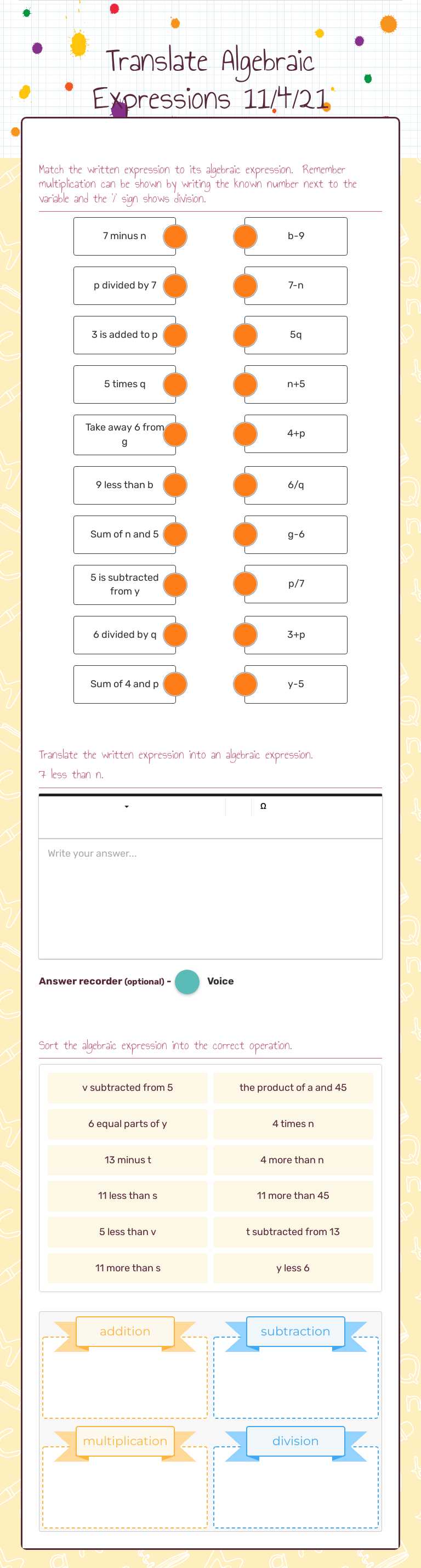 Translate Algebraic Expressions 11/4/21 worksheet preview image