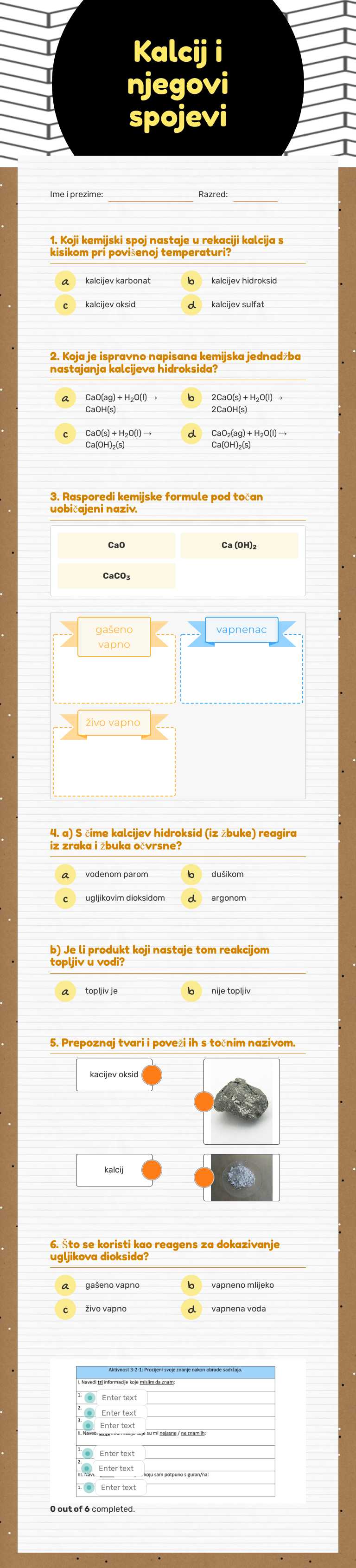 Kalcij i njegovi spojevi worksheet preview image