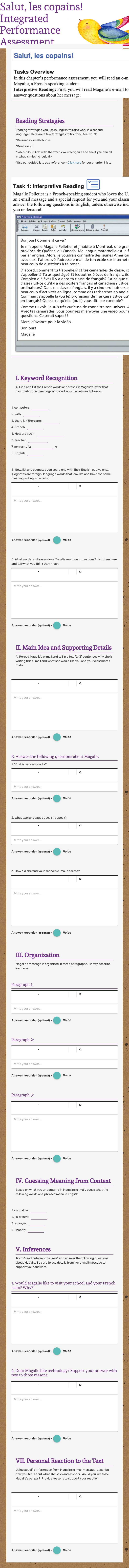 Salut, les copains! Integrated Performance Assessment Grade 10 worksheet preview