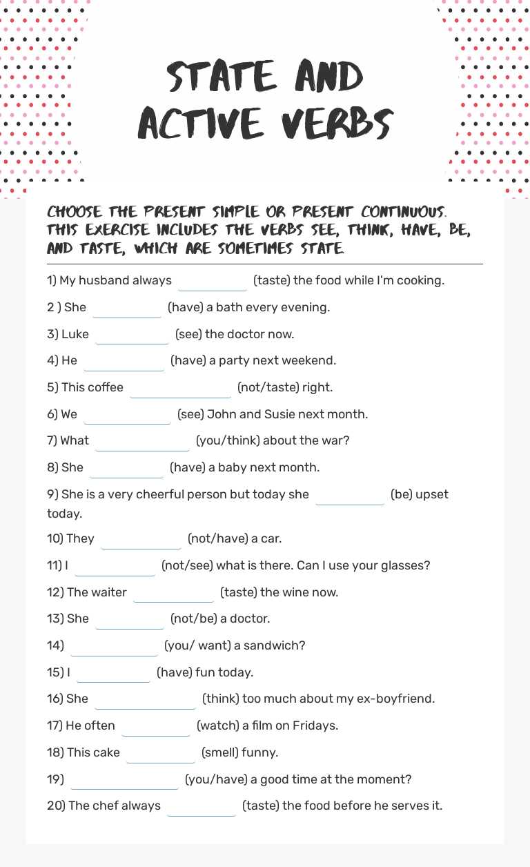 state and active verbs Grade 9 worksheet preview