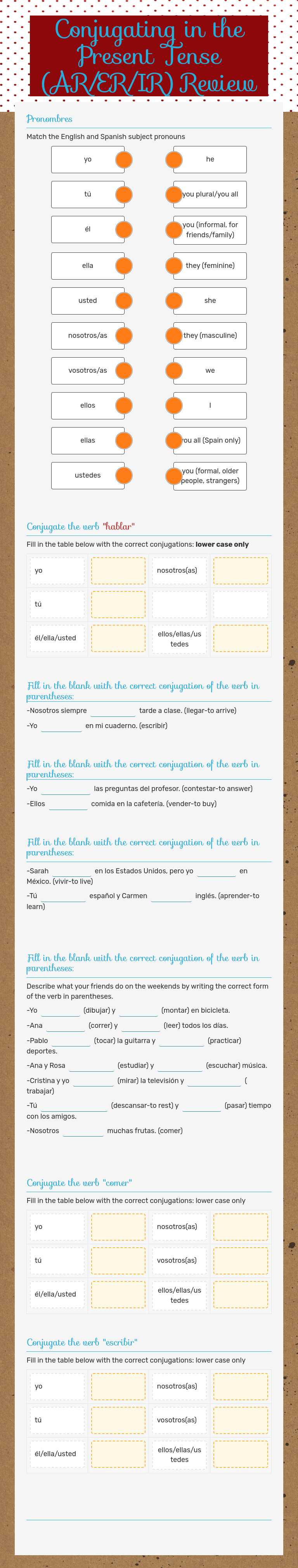 Conjugating in the Present Tense (AR/ER/IR) Review worksheet preview image