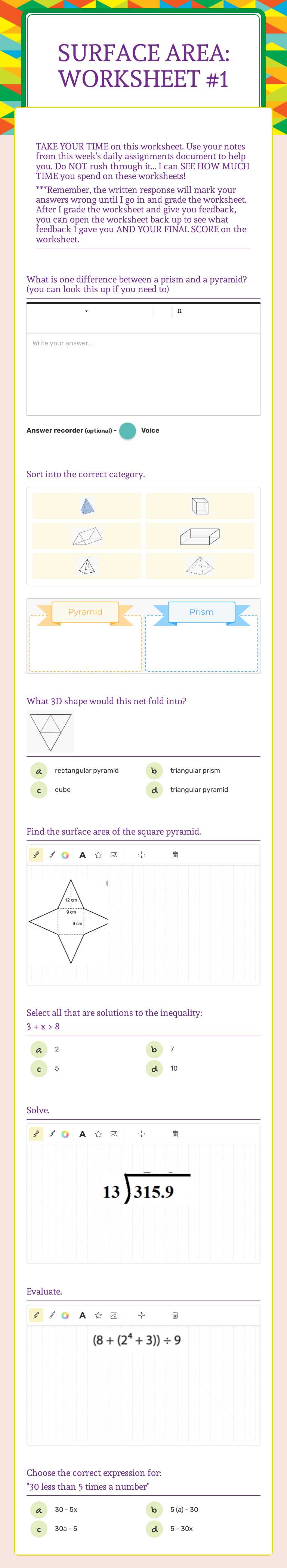 Surface Area: Worksheet #1 Grade 6 worksheet preview
