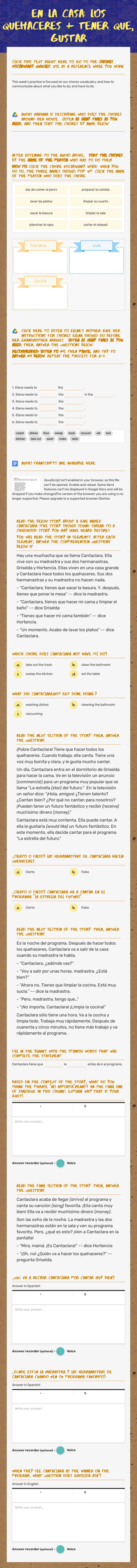 En la casa: Los quehaceres + tener que, gustar worksheet preview image