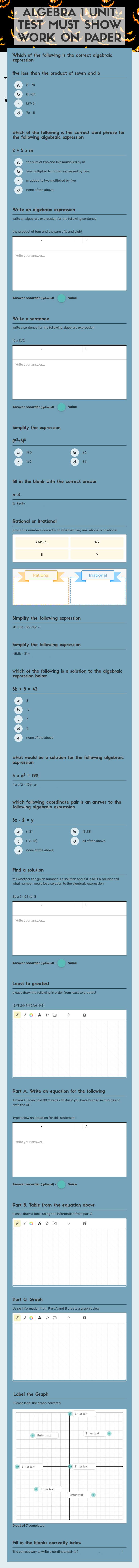 ALGEBRA 1 UNIT TEST MUST SHOW WORK ON PAPER worksheet preview image