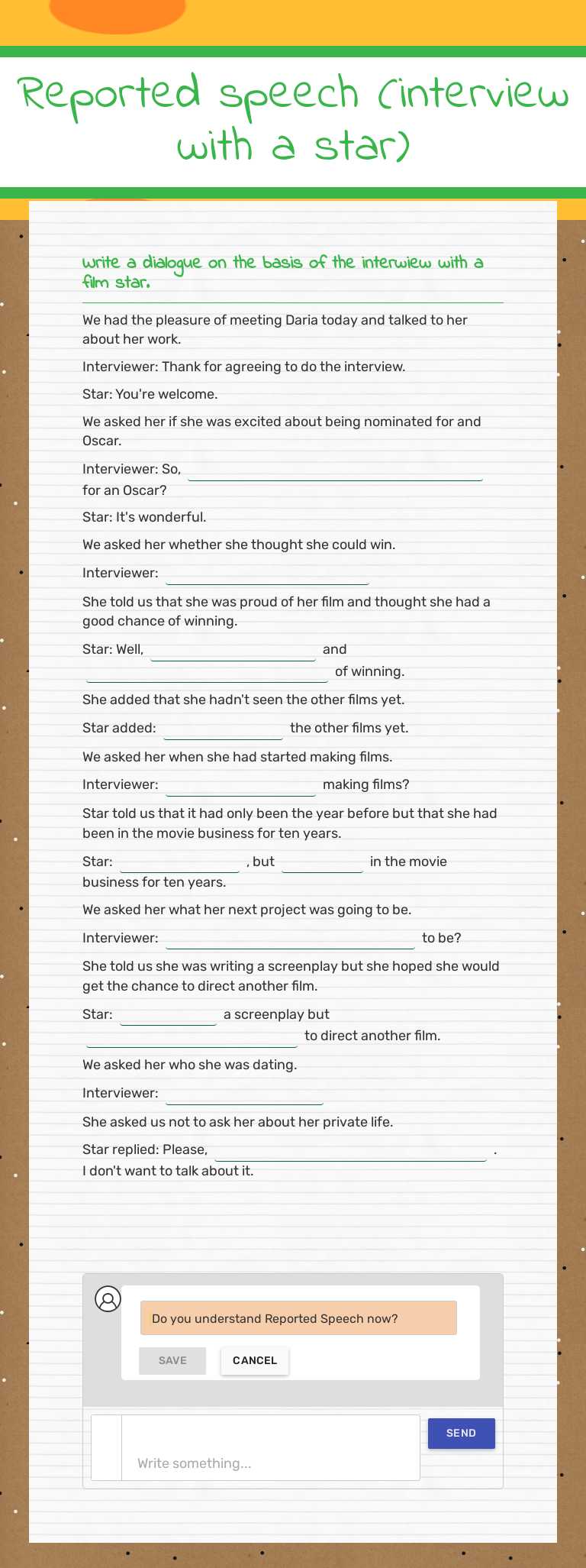 Reported speech 
    (interview with a star) worksheet preview image