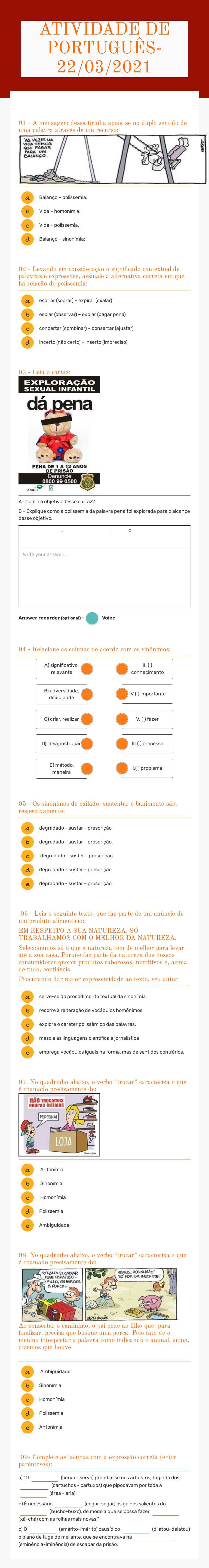ATIVIDADE DE PORTUGUÊS- 22/03/2021 worksheet preview image