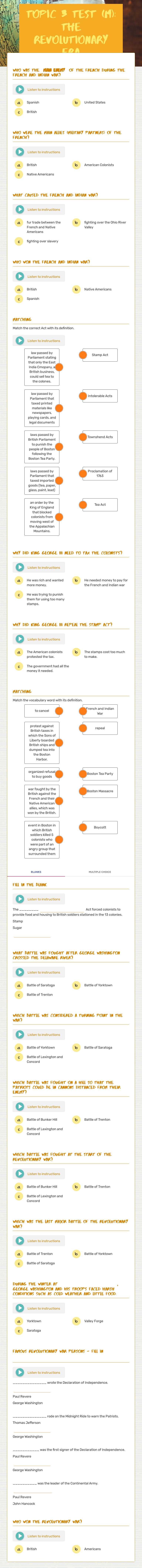 Topic 3 Test (M):  The Revolutionary Era worksheet preview image