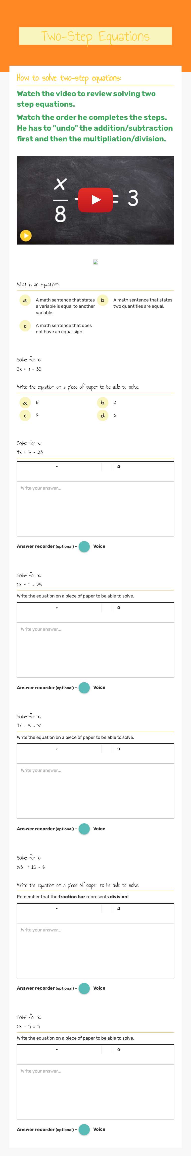 Two-Step Equations worksheet preview image
