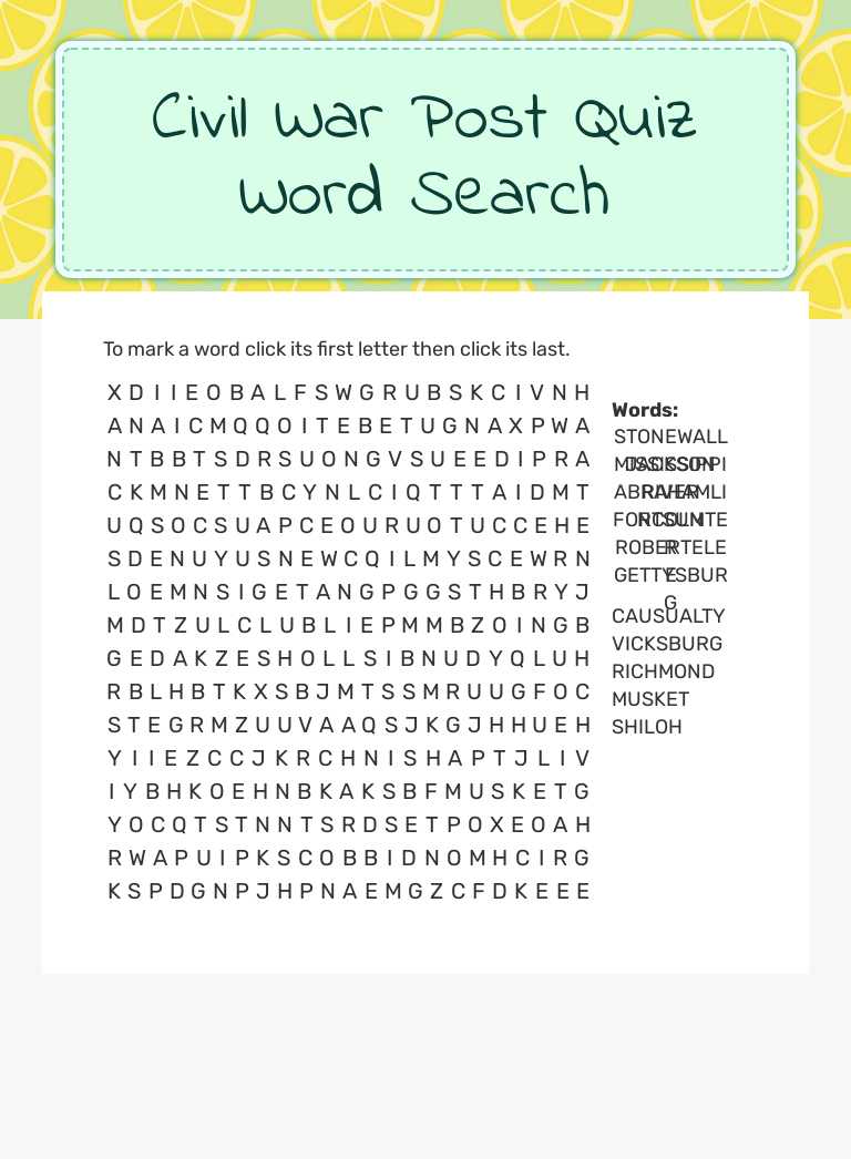 Civil War Post Quiz Word Search worksheet preview image