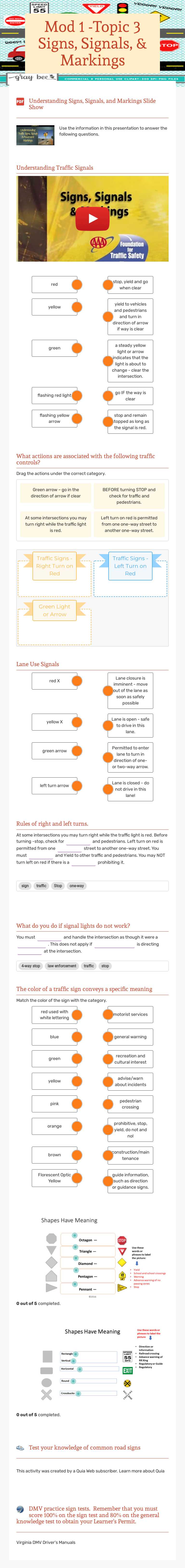 Mod 1 -Topic 3 Signs, Signals, & Markings worksheet preview image
