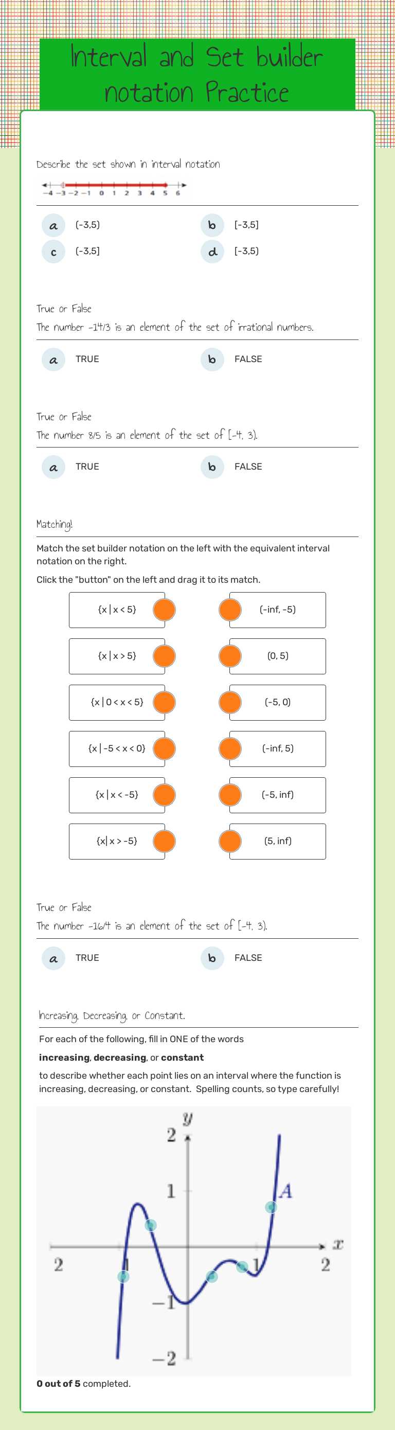 Interval and Set builder notation Practice worksheet preview image