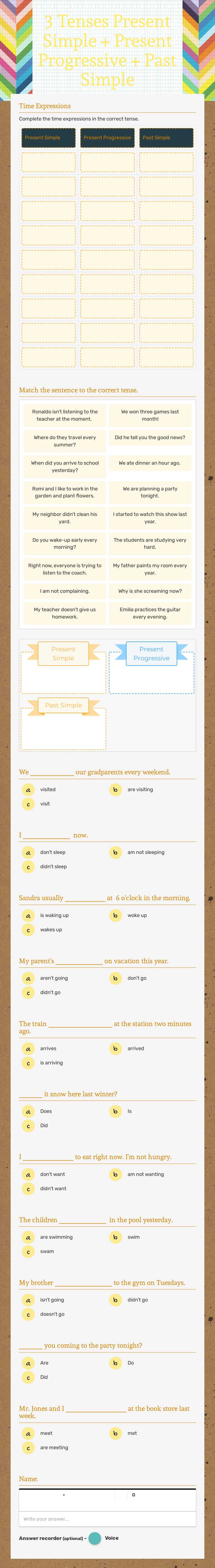 3 Tenses                Present Simple + Present Progressive + Past Simple Grade 7 worksheet preview