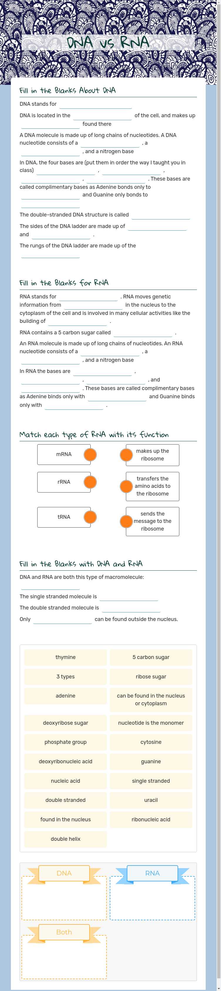 DNA vs RNA Grade 10 worksheet preview