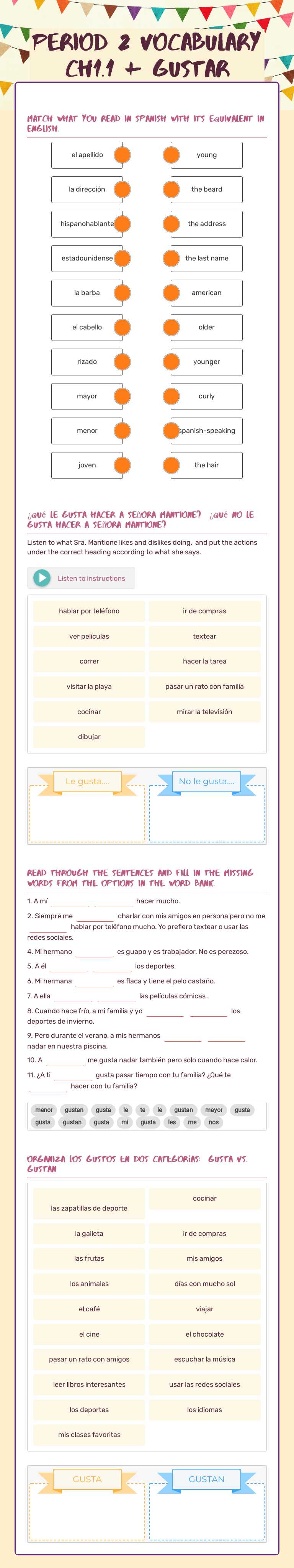 Period 2 Vocabulary CH1.1 + gustar worksheet preview image