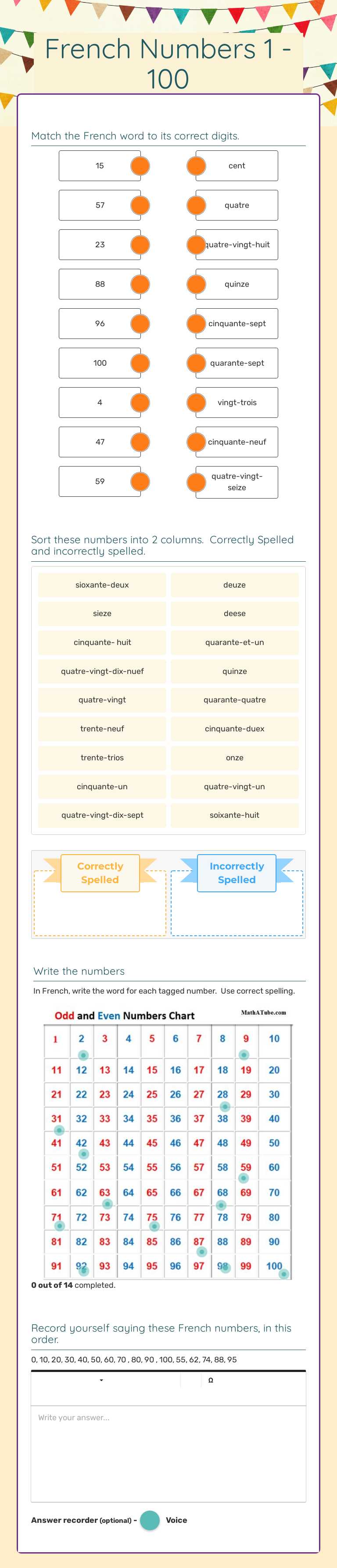 French Numbers 1 - 100 worksheet preview image