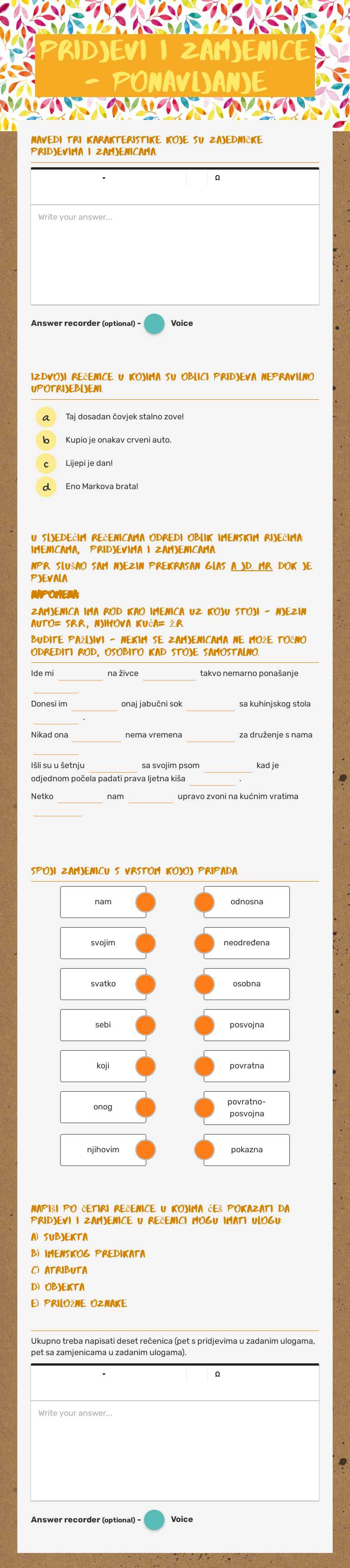 Pridjevi i zamjenice - ponavljanje worksheet preview image