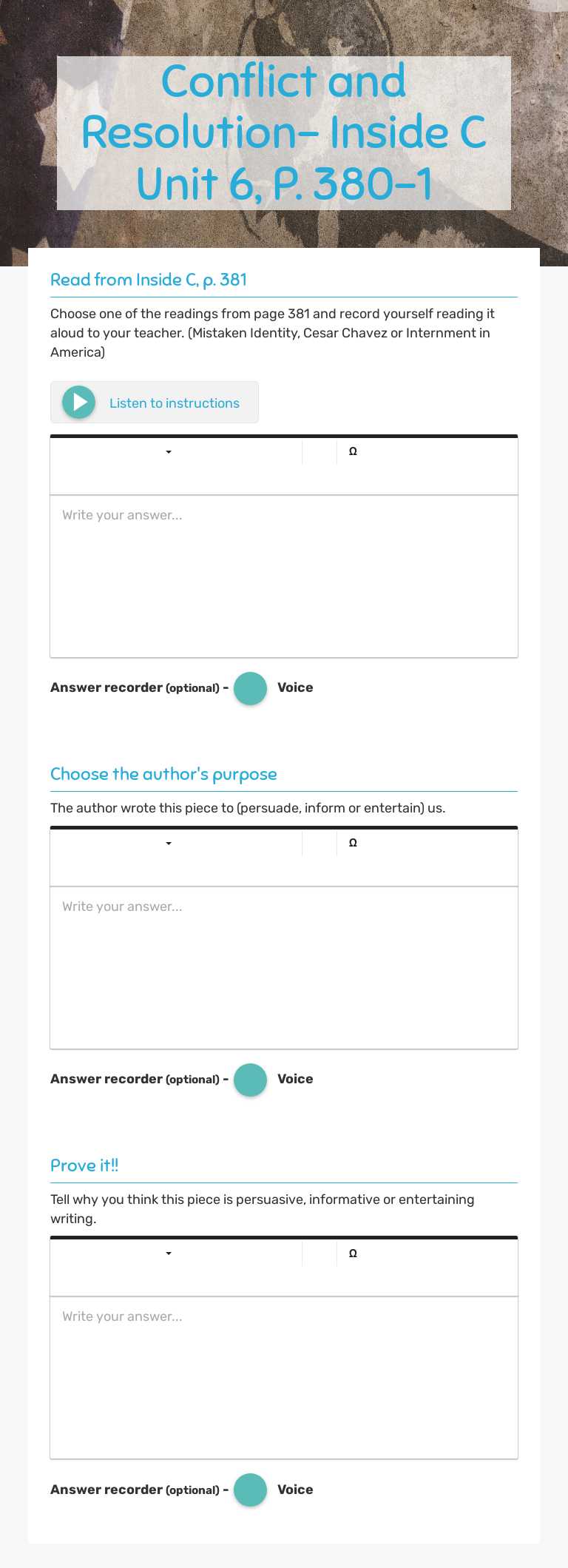 Conflict and Resolution- Inside C Unit 6, P. 380-1 worksheet preview image