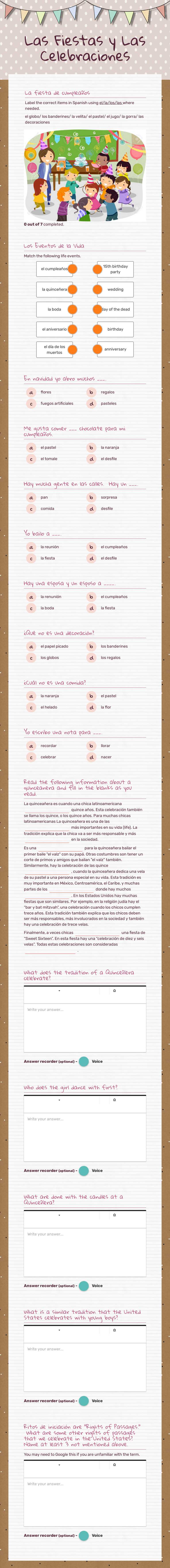 Las Fiestas y Las Celebraciones Grade 10 worksheet preview