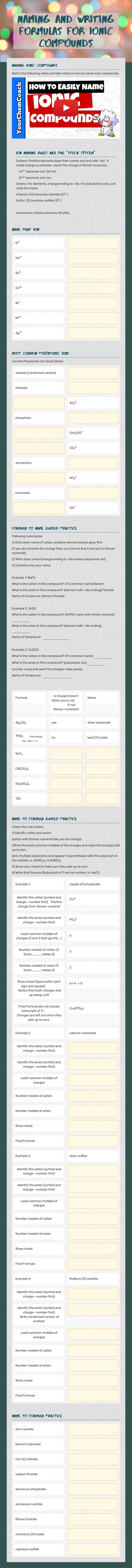 Naming and Writing Formulas for Ionic Compounds worksheet preview image