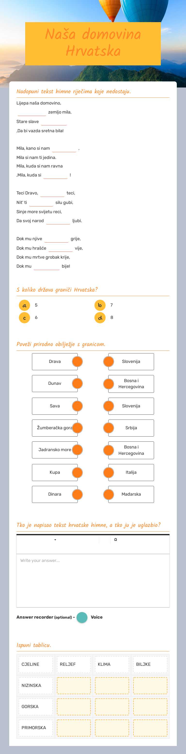 Naša domovina Hrvatska Grade 5 worksheet preview